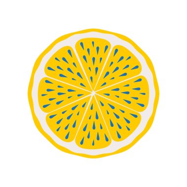 Mavi ve sarı renkli limon dilimi. Beyaz arka planda izole edilmiş tropik turunçgil meyvesinin modern baskısı. Vektör.