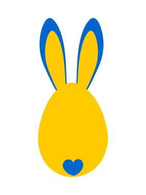 Beyaz arka planda izole edilmiş komik kulaklı tavşan. Mavi ve sarı renkli tebrik kartı. Vektör.