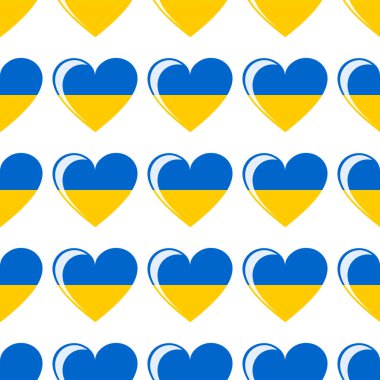 Tekstil ve kağıt ürünleri, sunum posterleri ve posterleri için kusursuz şirin desenler. Beyaz arka planda kalp şeklinde Ukrayna bayrağı. Vektör