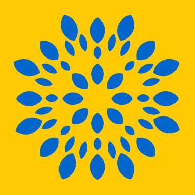 Sarı arka planda mavi yaprakların patlama etkisi. Dekoratif yastıkların üzerine basmak için soyut dairesel desen, iç tasarım. Vektör.