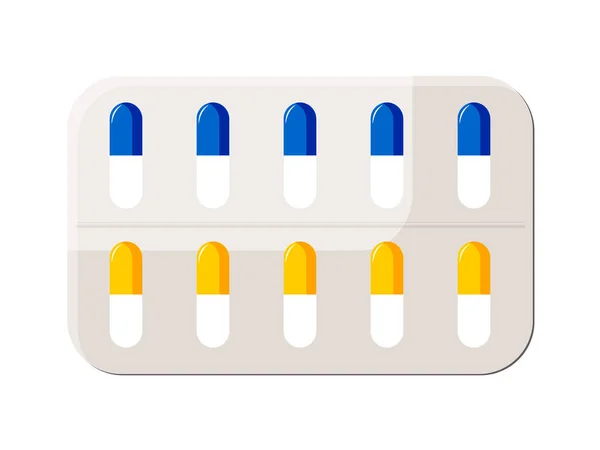 Comprimidos Cápsulas Azuis Amarelas Numa Embalagem Blister Medicamentos Para Tratamento —  Vetores de Stock