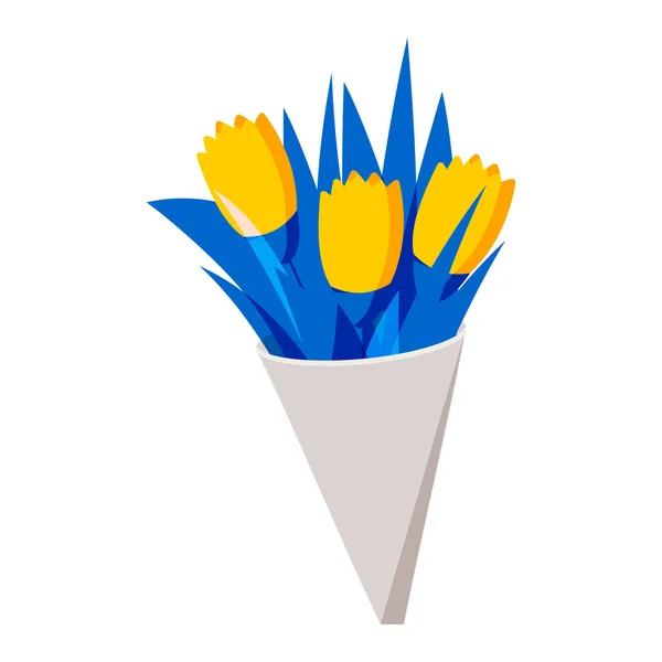 Tulipanes Amarillos Envases Papel Aislados Blanco Para Decoración Postales Enhorabuena — Vector de stock