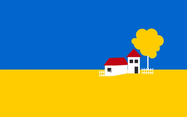 蓝色的天空和黄色的田野都是乌克兰国旗的颜色 乡村边 田里的房子农业用地 — 图库矢量图片