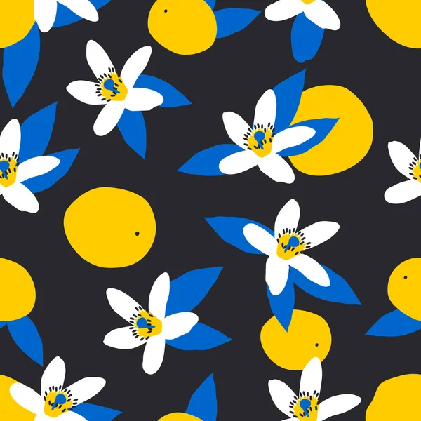 Naadloos Patroon Van Citrusvruchten Bloemen Een Zwarte Achtergrond Modern Tropisch — Stockvector