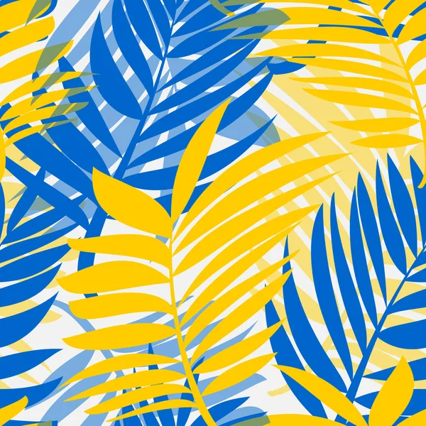 热带棕榈叶是蓝色和黄色的 无缝隙的现代图案与异国情调的植物用于纺织品和纸张 — 图库矢量图片