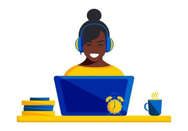 Afroameričanka Sluchátkách Pracuje Dálku Laptopem Zůstaň Doma Získej Online Vzdělání — Stockový vektor