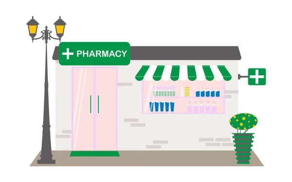 Edifício Farmácia Com Remédios Uma Rua Cidade Com Uma Porta —  Vetores de Stock