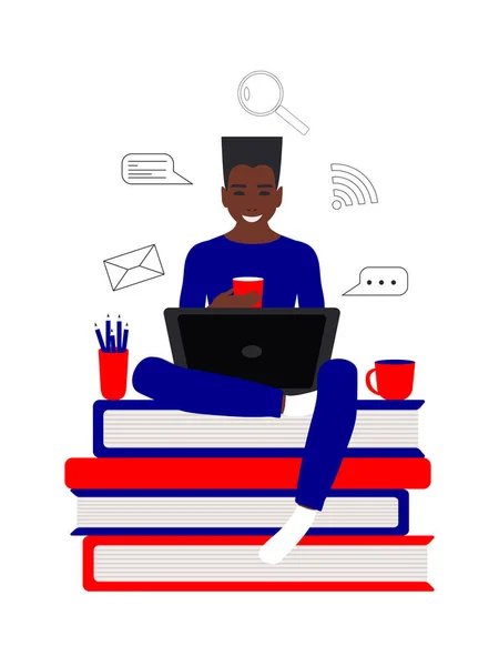 アフリカ系アメリカ人の陽気な学生は 男は本のノートパソコンで座っている 白を背景に赤と青の色でフラットなスタイルでオンライン教育の概念 家にいて ベクトル — ストックベクタ