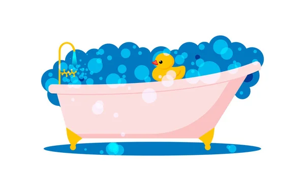 Żółty Cute Kaczka Gumowa Pływa Różowej Kąpieli Bąbelkowej Kąpiel Pranie — Wektor stockowy