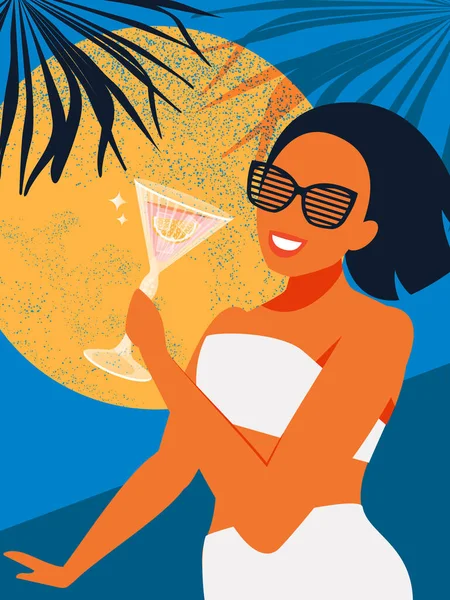 Sommarvibbar Vacker Kvinna Baddräkt Dricker Cocktail Bakgrunden Solnedgången Solen Semester — Stockfoto