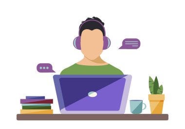 Evde kal. Kulaklıklı genç bir adam uzaktan bilgisayarda çalışıyor. Koronavirüs virüsü yüzünden karantina süresi. İnternetten eğitim alıyorum. İnternet üzerinden bağlantı kur. Vektör.