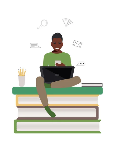 Afroameričan Veselý Student Sedí Laptopem Knihách Online Vzdělávání Koncepce Plochém — Stockový vektor