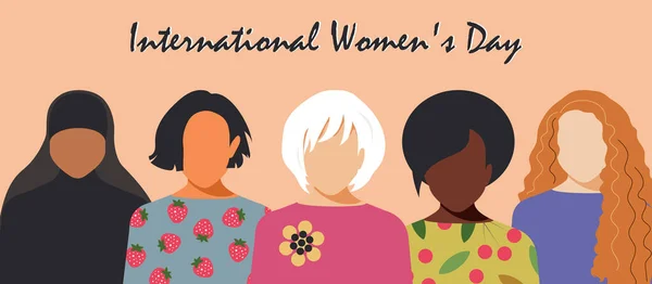 Día Internacional Mujer Mujeres Diferentes Nacionalidades Religiones Lucha Por Igualdad — Vector de stock