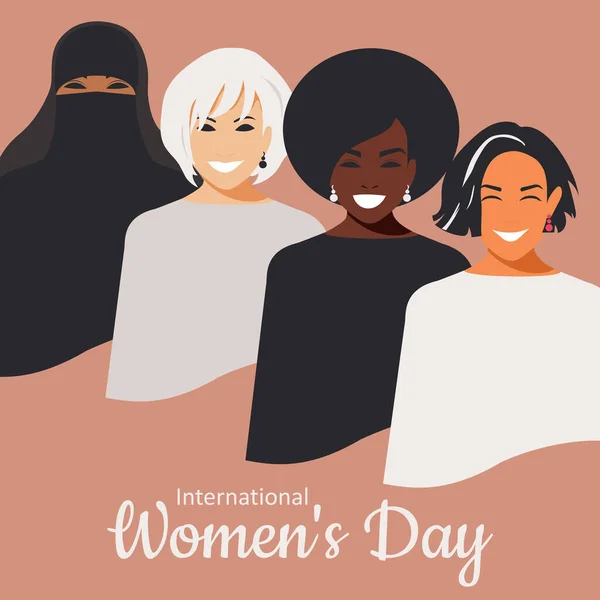Uluslararası Kadınlar Günü Için Modern Poster Farklı Milletlerden Dinlerden Dört — Stok Vektör