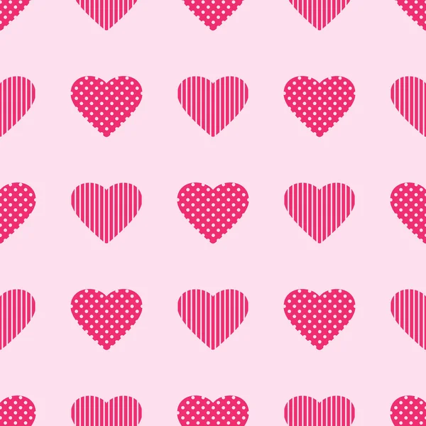 Pink Hearts Polka Dots Stripes Pale Pink Background Seamless Pattern —  Vetores de Stock