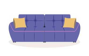 Mor, modaya uygun, yumuşak ve rahat kanepe. Beyaz arka planda, dekoratif sarı yastıklar var. İç tasarım için modern mobilyalar. Vektör.