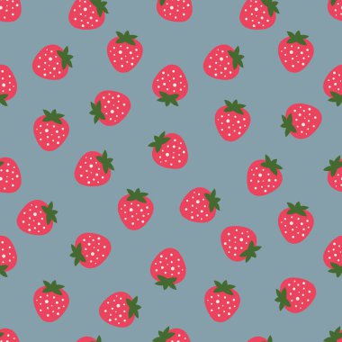 Mavi arka planda çilek. Tekstil ürünleri, dekoratif yastıklar, ambalaj kağıdı ve kağıt ürünleri için kusursuz şirin desenler. Vetcor.