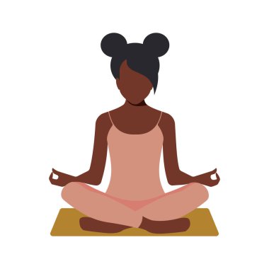 Afro-Amerikalı bir kadın Lotus pozisyonunda oturuyor, meditasyon yapıyor, mutlu ve harika hissediyor, pozitif kadınsı enerji ve akıl sağlığı yayıyor. Yoga pratiği. Vektör.