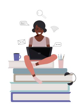 Afro-Amerikalı neşeli kız öğrenci dizüstü bilgisayarla kendini izole ediyor. Çevrimiçi eğitim konsepti düz stil. Evde kal. Vektör.