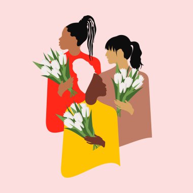 Uluslararası Kadınlar Gününüz kutlu olsun. Düz dizayn tarzında farklı milletlerden ve dinlerden üç modern kadın laleleri ellerinde tutuyor. İçinde insanlar olan pembe yumuşak bahar posteri. Vektör.