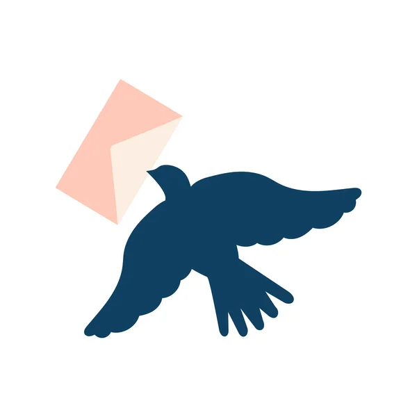 Concepts of development of communications. A blue carrier pigeon with a letter flying isolated on a white background.