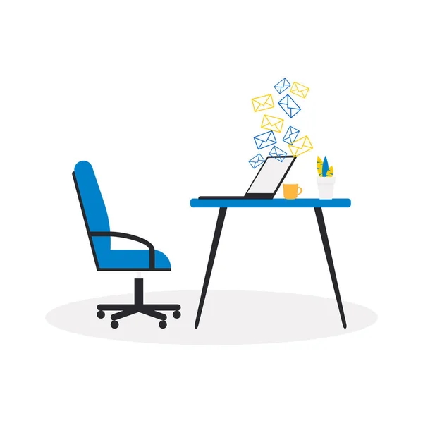 Blauer Bürostuhl Mit Laptop Auf Dem Schreibtisch Isoliert Auf Weißem — Stockfoto