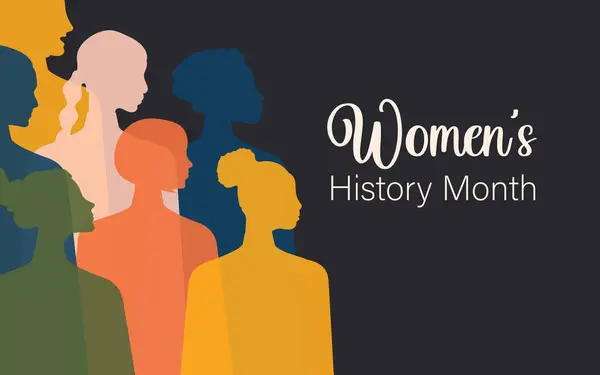 Women\'s History Month. Women of different ages, nationalities and religions come together and are located on a black horizontal banner.