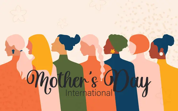 International Mother\'s Day. Women of different nationalities and religions together on a light pink horizontal banner.