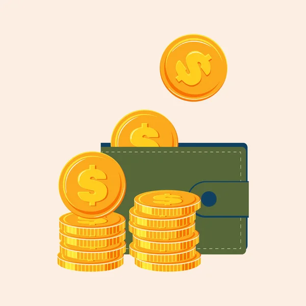Green wallet with coins isolated on a light pink background. Receiving and sending business payments.