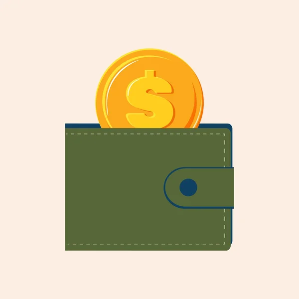 Green wallet with one gold coin, isolated on a light pink background. Receiving and sending business payments.
