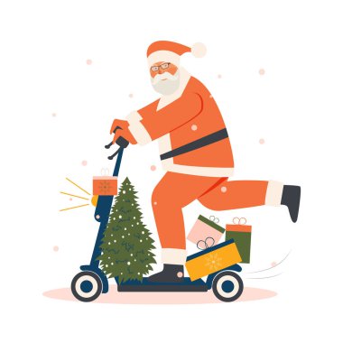 Noel Baba kostümü giymiş sakallı bir dede elektrikli scooter ve Noel ağacıyla sevinçle gezer. Beyaz arkaplanda izole edilmiş tatil kartı.