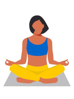 Bir kadın bacak bacak üstüne atıp meditasyon yapar. Kısa siyah saçlı genç bir atletik kız fiziksel ve zihinsel sağlıkla meşgul. Meditasyon ve yoga. Vektör.