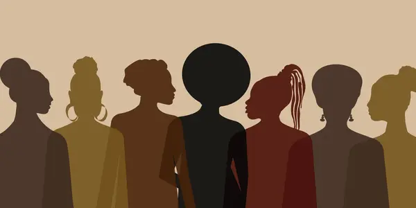 Firar Den Svarta Historiemånaden Silhuetter Kvinnor Från Olika Länder Och — Stock vektor