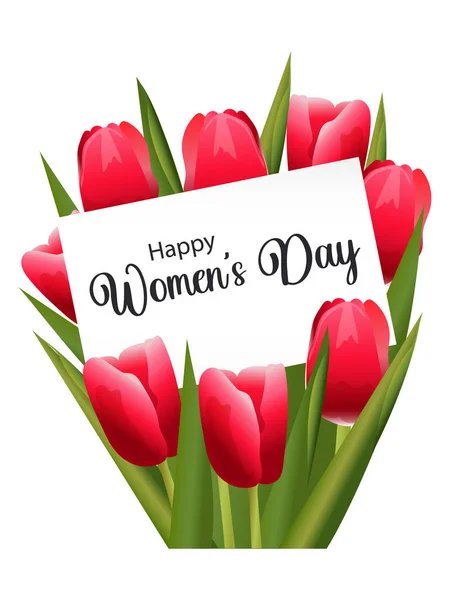 幸せな女性の日 白い背景に隔離された赤いチューリップの花束 春の休日のための花カード ベクター — ストックベクタ