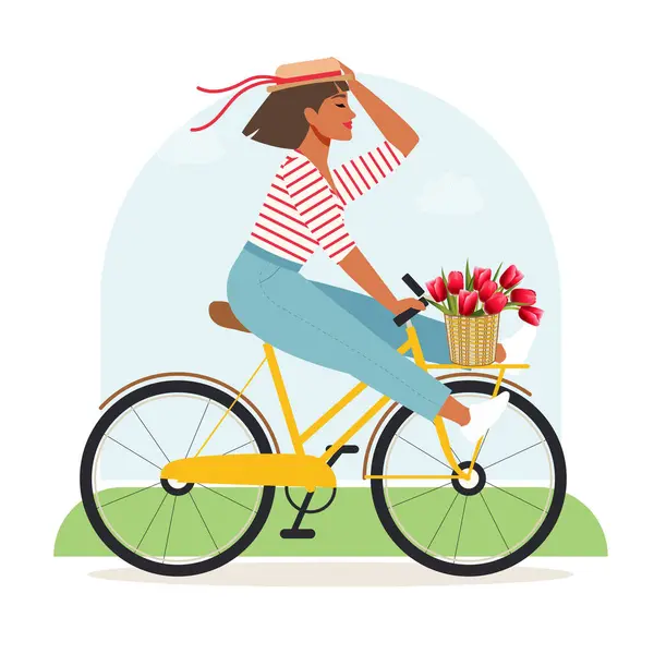 Счастливая Женщина Панамской Шляпе Тюльпанами Корзине Едет Велосипеде Радуется Начале — стоковый вектор