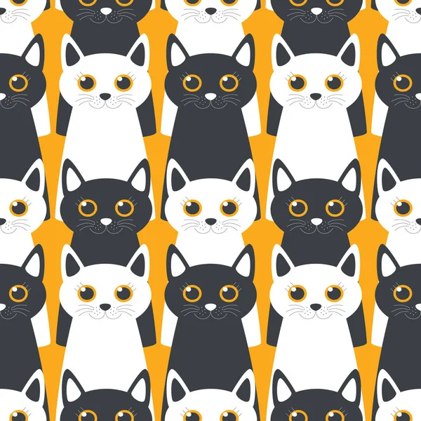 Black and white cartoon cute cats on a yellow background create a seamless childish pattern for textiles and wrapping paper.