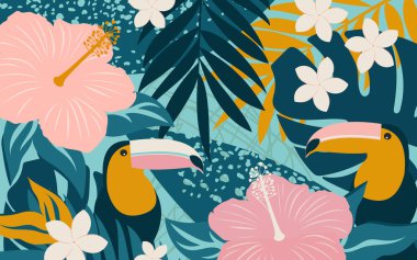 Tukanlarla kolaj, modern amber çiçekleri, tesisat ve yapraklar iç dekorasyon için yatay bir poster oluşturur.. 