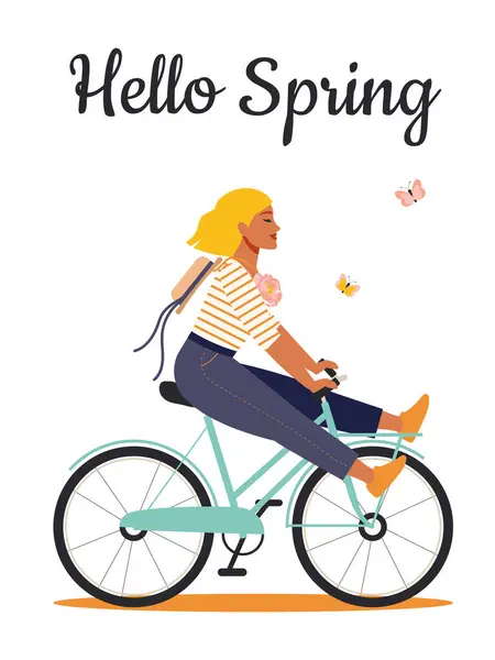 Привет Весна Счастливая Женщина Пионом Полосатой Футболке Катается Велосипеде Радуется — стоковый вектор