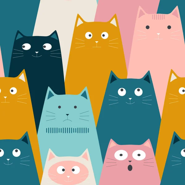 Různé Emoce Rozmarných Roztomilých Koček Různých Barev Vytvářejí Bezproblémový Vzor — Stock fotografie