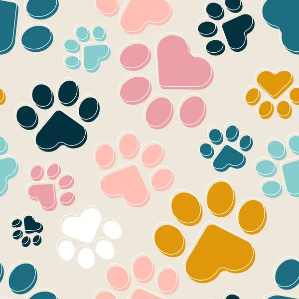 Paws or footprints of cats and dogs of different sizes and colors on a light gray background create a cute seamless pattern for fashion fabrics.