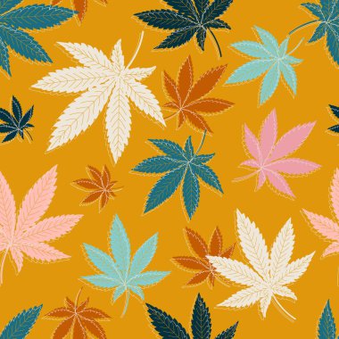 Esrar marihuana yaprağı. Modern kumaşlar için narkotik bitkilerle kusursuz desen, ambalaj kağıdı.. 