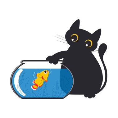 Beyaz bir arka planda izole edilmiş bir akvaryumda yüzen altın bir balıkla komik, siyah, şişman bir kedi oynuyor. Vektör.