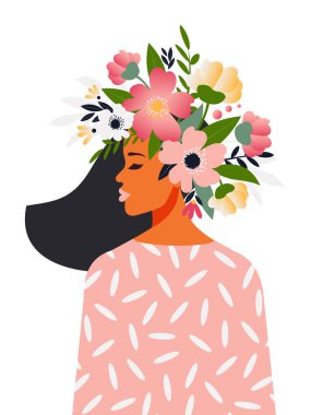 Özgür ve pozitif zihin kavramı, çiçek açan beyin. Bahar kartları için beyaz arka planda kafasında çiçekler olan güzel bir kadının portresi. Kadınlar Günü. Vektör.