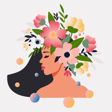 Özgür ve pozitif zihin kavramı, çiçek açan beyin. Bahar kartları için beyaz arka planda kafasında çiçekler olan güzel bir kadının portresi. Kadınlar Günü. Vektör.