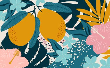 Modern mango çiçeği kolajı. Meyveli egzotik tropikal yapraklar iç tasarım için yatay bir poster oluşturur. 