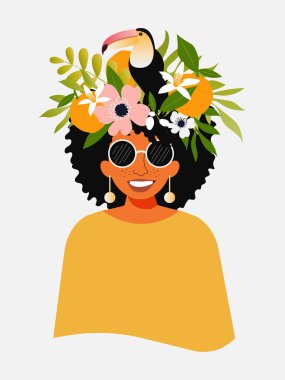 Kafasında çiçekler, portakallar ve iç tasarım için bir tukan ve tatil için egzotik kartlar olan afro-amerikalı güzel bir kadının portresi. Vektör.