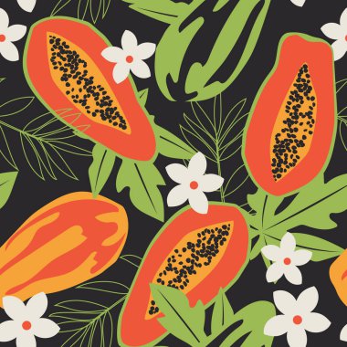 Papaya 'nın siyah arka planda lekesiz bir deseni var. Moda kumaşları, tekstil ürünleri, dekoratif yastıklar için Hawaii meyveleri. Vektör.