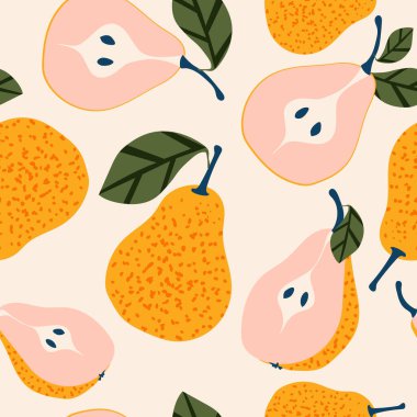 Sulu sarı armutlar. Meyveli yaz tropikal atmosferi modern kumaşlar ve tekstil için kusursuz bir desen oluşturur. Vektör.