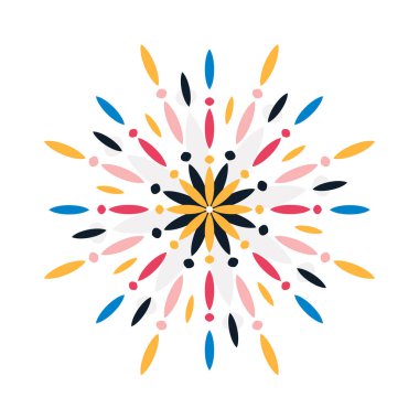 Beyaz arka planda rastgele radyal renk taç yaprakları ve noktaların patlama etkisi. Çiçeksel soyut dairesel element. Vektör.