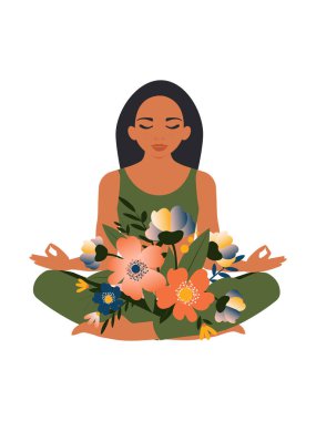 Özgür ve pozitif düşünce konsepti. Güzel bir kadın meditasyon yapar, ruhu ve zihinsel sağlığı gelişir. Vektör.